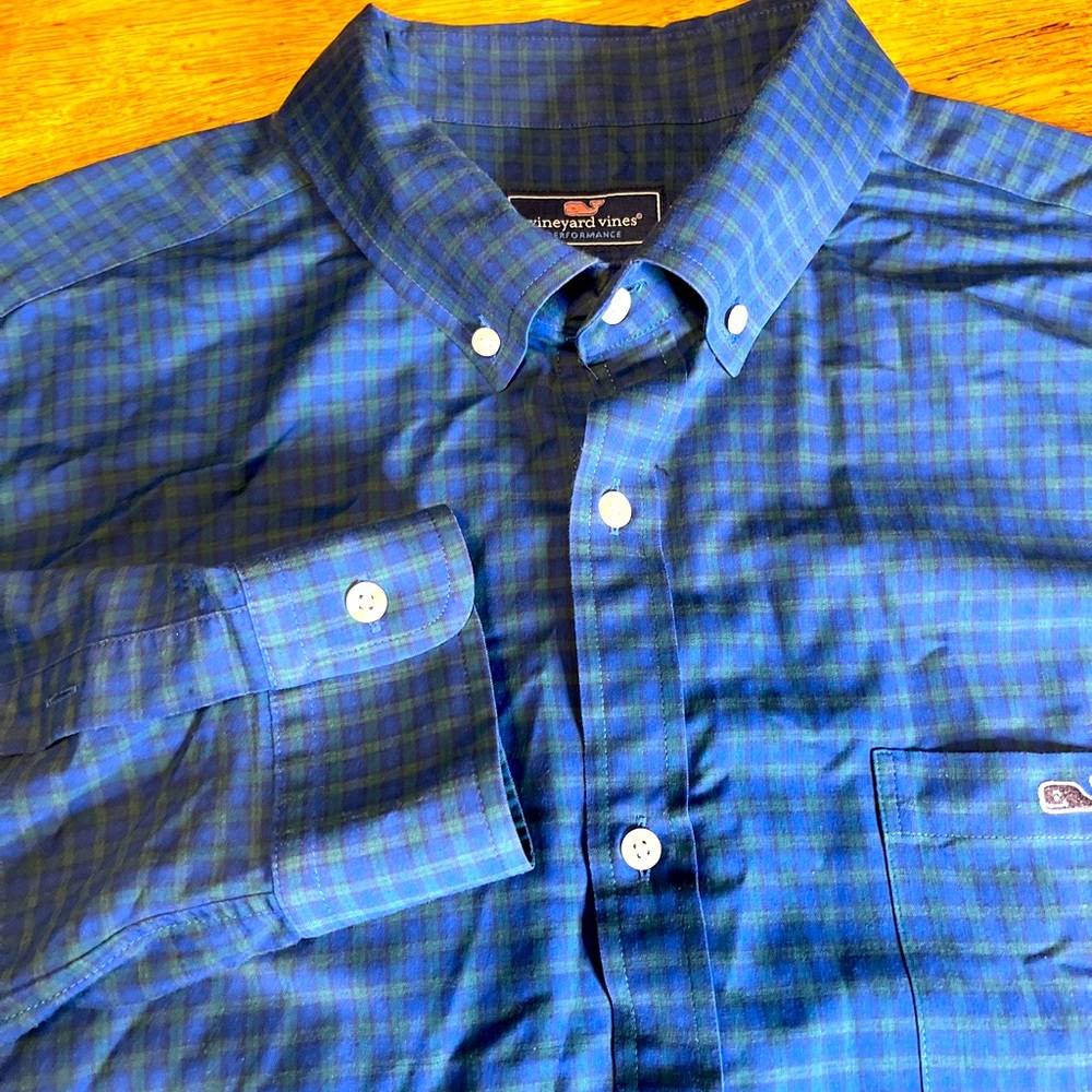Men’s vineyard vines performance tucker long sleeve shirt blue green plaid 2XL